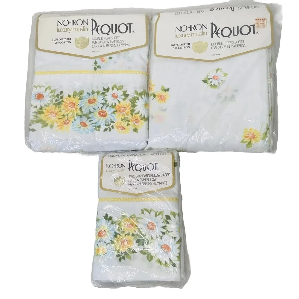 Vintage Pequot Maytime Yellow Daisy Floral Full Fitted Flat Sheet Pillowcase Set